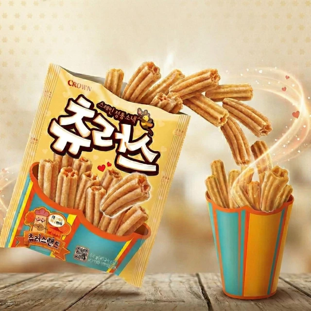 【CHARA 微百貨】韓國 Crown 楓糖肉桂 吉拿棒點心棒 84g 袋裝 西班牙 餅乾