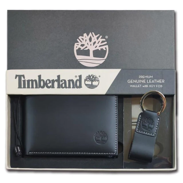 【Timberland】男皮夾 短夾 牛皮夾 零錢袋 多卡夾+鑰匙圈套組 品牌盒裝+原廠提袋／黑色(男夾短夾零錢袋)